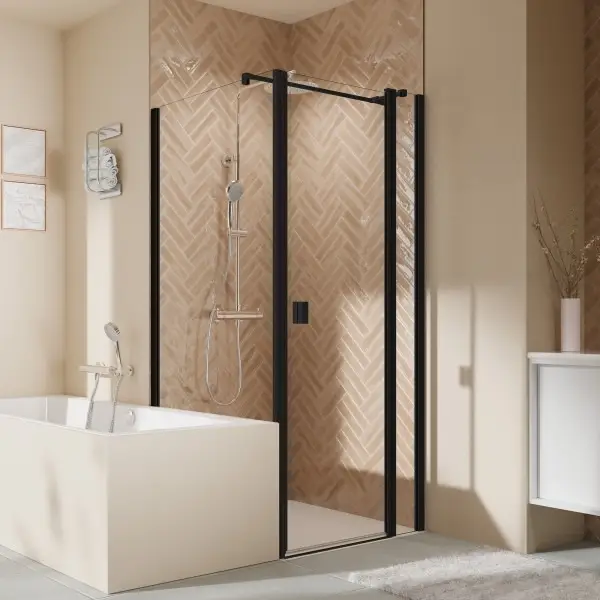 Breuer Elana 2.0 eckig Black Edition Badewannenseitenwand für Drehtür oder Drehfalttür (neben Wanne) Wandanschlag links Terrazzo 80 cm - Schwarz matt Top-Seller