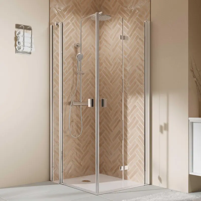 Preis Gesenkt Breuer Elana 2.0 eckig Eckeinstieg Kombination Drehfalttür rechts / Drehtür mit Festteil links Klarglas hell 90 x 75 cm - Alu Chromeffekt
