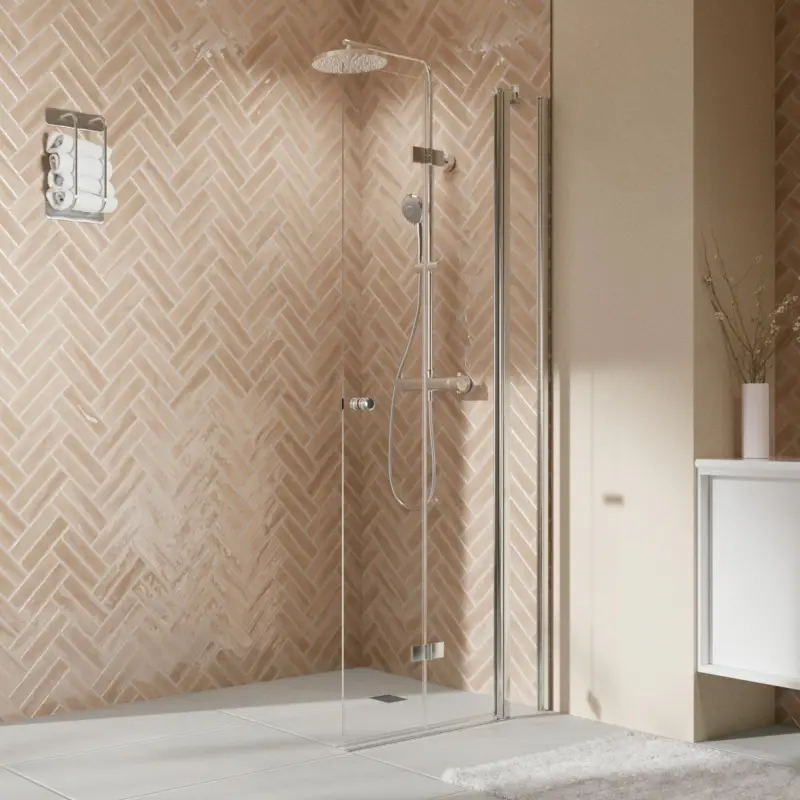 Aktuell Breuer Elana 2.0 rund Walk-In Drehfalttür mit Festteil alleinstehend Türanschlag rechts Klarglas hell 100 cm - Alu Chromeffekt