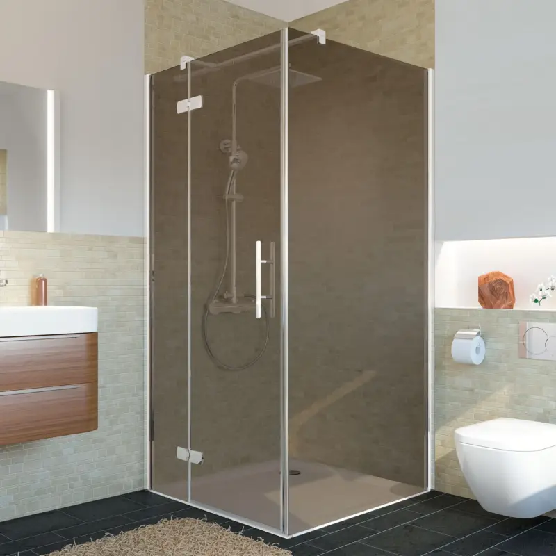 Begrenztes Angebot Breuer Avanta Drehtür mit Festteil für Seitenwand oder Badewannenseitenwand (neben Wanne) Türanschlag links Bronce getönt 90 cm - Alu Chromeffekt