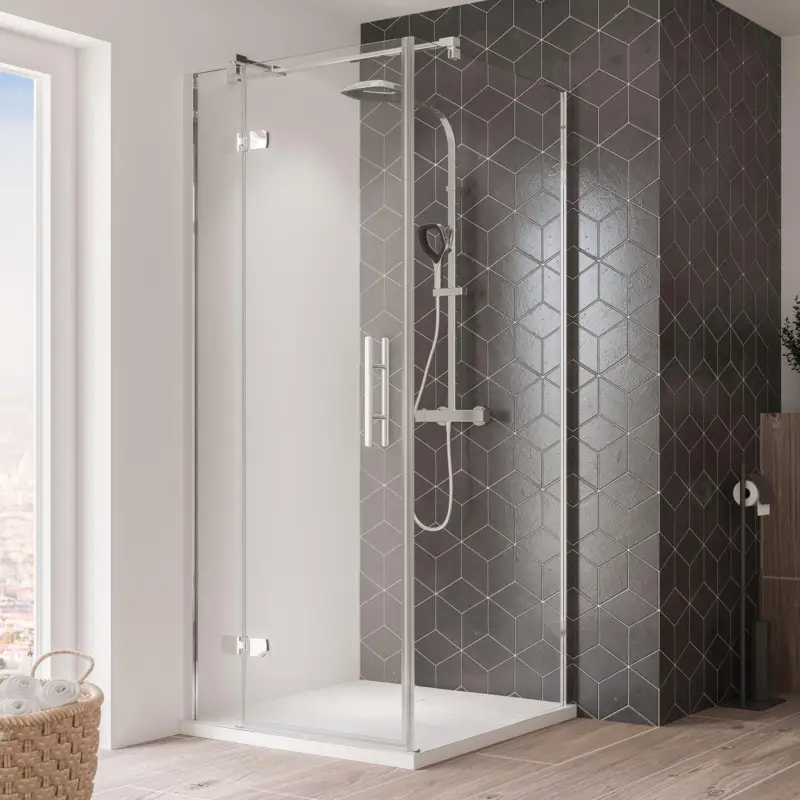 Breuer Avanta Drehtür mit Festteil für Seitenwand oder Badewannenseitenwand (neben Wanne) Türanschlag links Klarglas hell mit DualPlus 80 cm - Alu Chromeffekt Must-Have