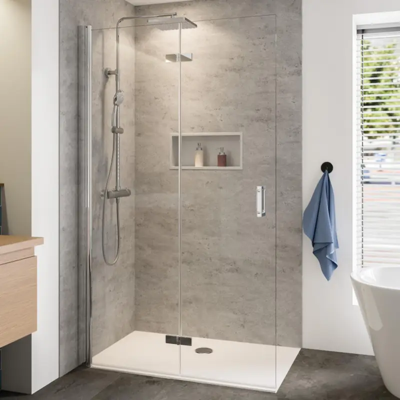 Knallerangebot Breuer Panorama Walk-In Drehfalttür alleinstehend Türanschlag links Klarglas hell 120 cm - Alu Chromeffekt