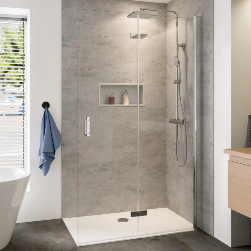 Must-Have Breuer Panorama Walk-In Drehfalttür alleinstehend Türanschlag rechts Klarglas hell 120 cm - Alu Chromeffekt