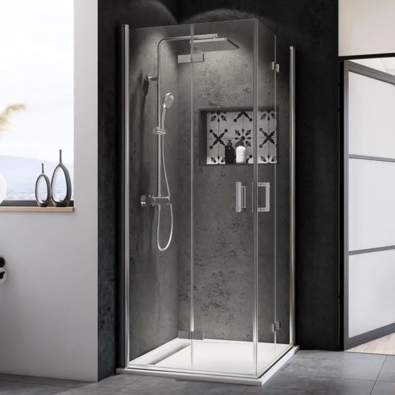 Must-Have Breuer Panorama Eckeinstieg Drehfalttür 4-teilig Klarglas hell mit DualPlus 75 x 90 cm - Alu Chromeffekt