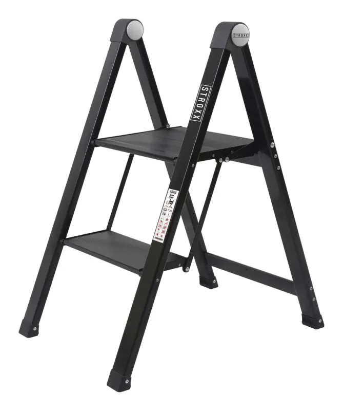 Stroxx Trittleiter, 2-stufig, Aluminium, klappbar, schwarz beschichtet, 150 kg Tragkraft Nur Für Kurze Zeit