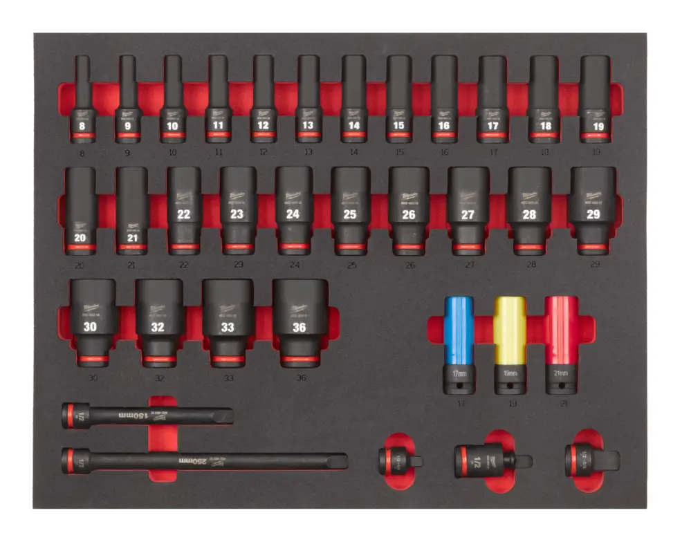 Milwaukee Shockwave Schlagnüsse 1/2" in lang Einlage für Werkstattwagen - 34-teilig Ausverkauf
