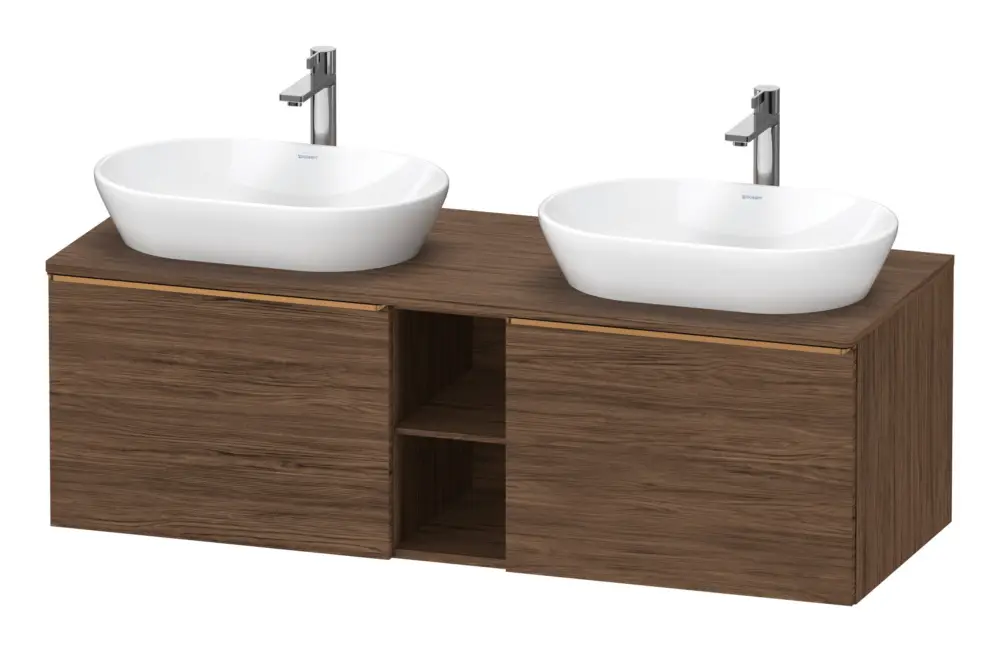Duravit D-Neo Konsolenwaschtischunterschrank für 2 Becken mit 2 Auszügen und 2 Fächern Griff Bronze Gebürstet 1400 x 459 x 550 mm - Nussbaum dunkel Matt Highlight