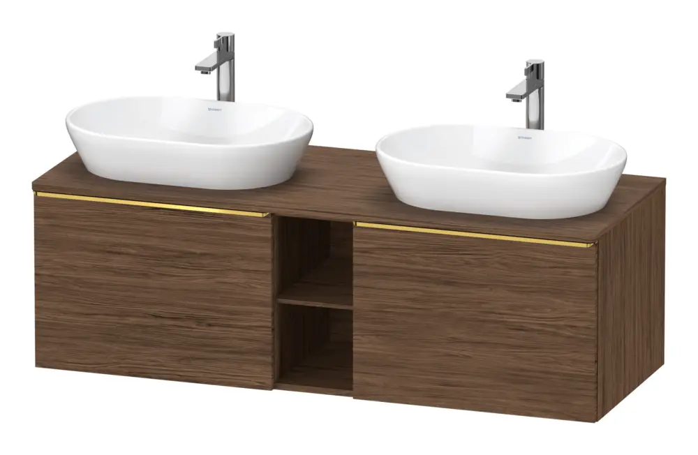 Duravit D-Neo Konsolenwaschtischunterschrank für 2 Becken mit 2 Auszügen und 2 Fächern Griff Gold Poliert 1400 x 459 x 550 mm - Nussbaum dunkel Matt Aktuell