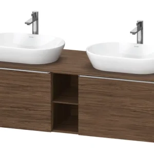 Zertifiziert Duravit D-Neo Konsolenwaschtischunterschrank für 2 Becken mit 2 Auszügen und 2 Fächern Griff Edelstahl Gebürstet 1400 x 459 x 550 mm - Nussbaum dunkel Matt