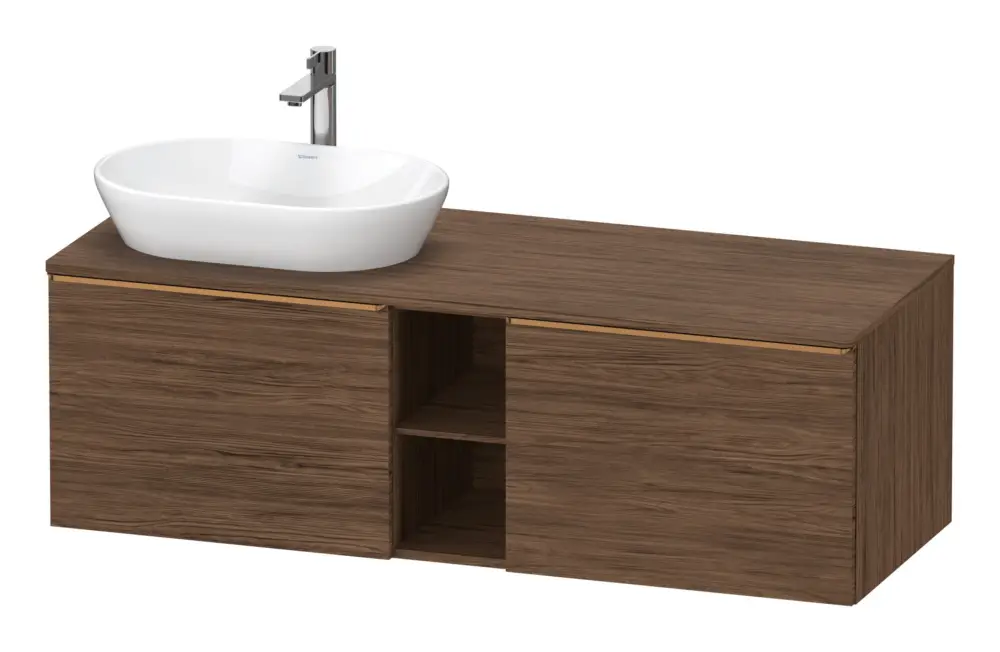 Schnäppchen Duravit D-Neo Konsolenwaschtischunterschrank für Becken links mit 2 Auszügen und 2 Fächern Griff Bronze Gebürstet 1400 x 459 x 550 mm - Nussbaum dunkel Matt