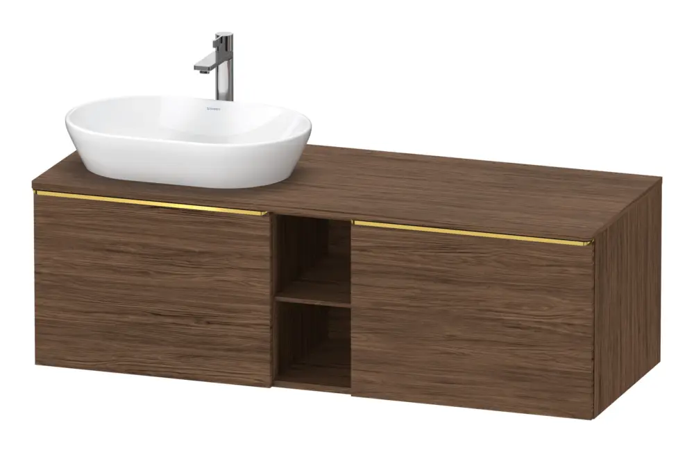 Duravit D-Neo Konsolenwaschtischunterschrank für Becken links mit 2 Auszügen und 2 Fächern Griff Gold Poliert 1400 x 459 x 550 mm - Nussbaum dunkel Matt Letzte Chance