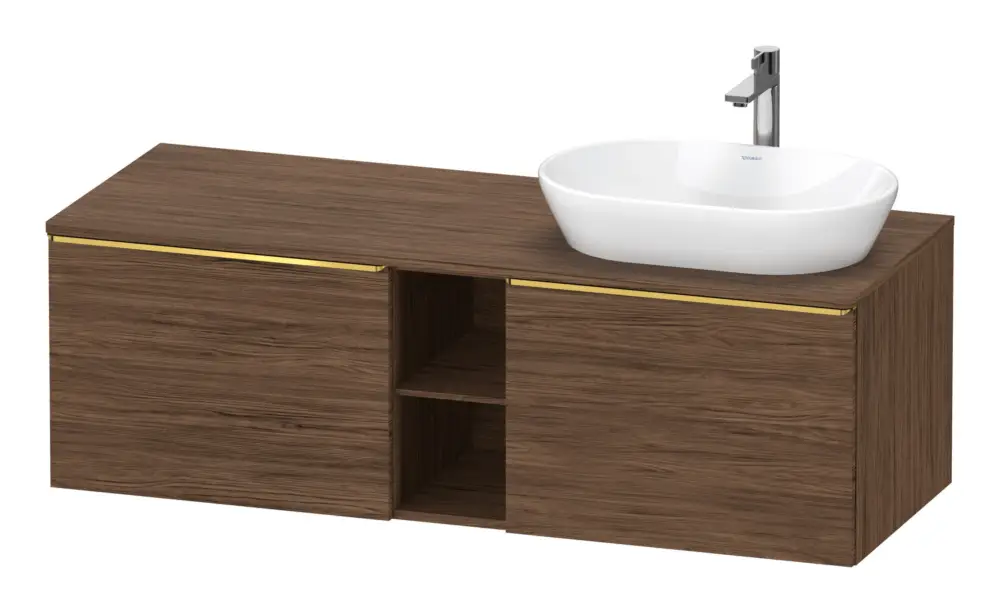 Neue Ware Duravit D-Neo Konsolenwaschtischunterschrank für Becken rechts mit 2 Auszügen und 2 Fächern Griff Gold Poliert 1400 x 459 x 550 mm - Nussbaum dunkel Matt