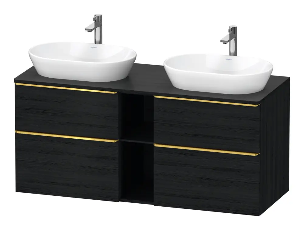 Preisreduziert Duravit D-Neo Konsolenwaschtischunterschrank für 2 Becken mit 4 Auszügen und 2 Fächern Griff Gold Poliert 1400 x 644 x 550 mm - Eiche Schwarz Matt