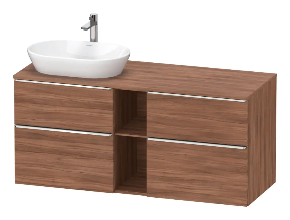 Preisreduziert Duravit D-Neo Konsolenwaschtischunterschrank für Becken links mit 4 Auszügen und 2 Fächern Griff Chrom Hochglanz 1400 x 644 x 550 mm - Nussbaum Matt