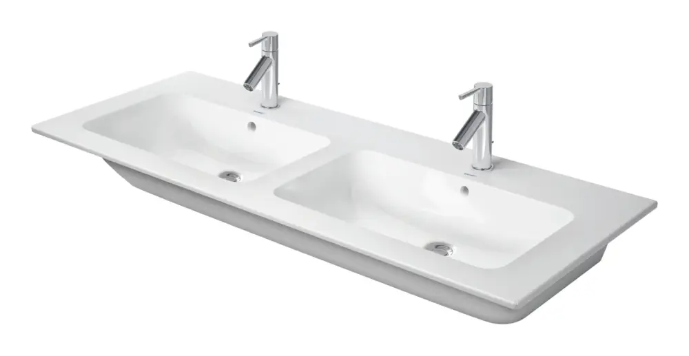 Meistverkauft Duravit ME by Starck Möbeldoppelwaschtisch mit 2 Hahnlöchern mit Überlauf 1300 x 490 mm - Weiß Hochglanz mit DuraShield
