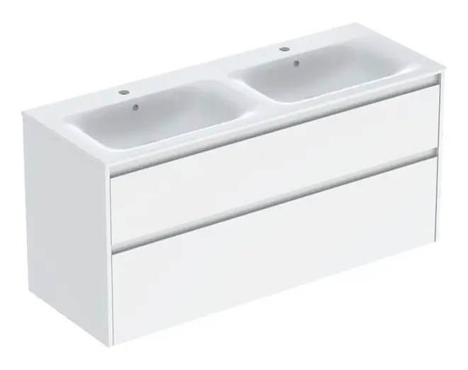 Abverkauf Geberit Renova Plan Komplett-Set mit Doppelwaschtisch mit 2 Schubladen 1300 x 621 x 480 mm - Weiß lackiert seidenglanz