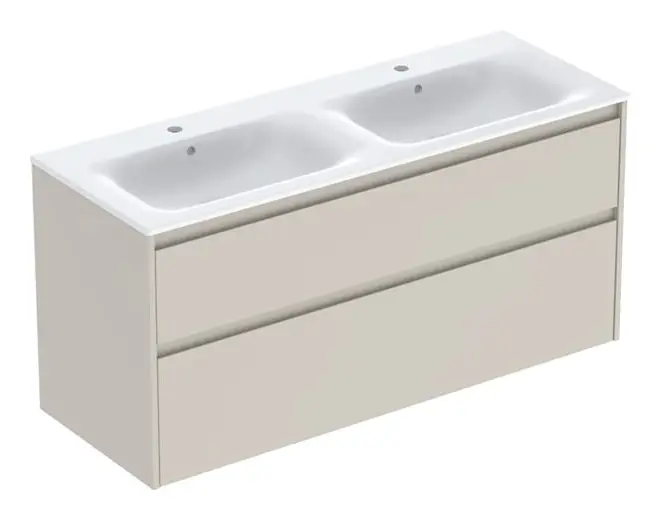 Geberit Renova Plan Komplett-Set mit Doppelwaschtisch mit 2 Schubladen 1300 x 621 x 480 mm - Sandgrau lackiert seidenmatt mit KeraTect Letzte Chance
