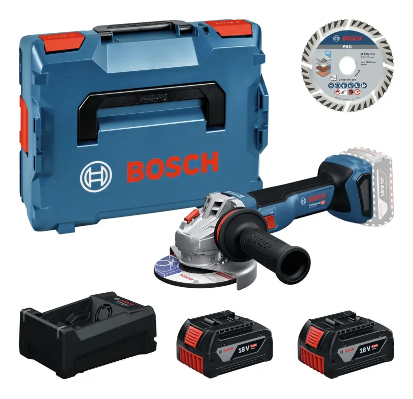 Bosch Professional Akku-Winkelschleifer GWS 18V-11 S mit 2x Akku 5 Ah & Trennscheibe 125 mm - in L-BOXX 136 Finale Aktion