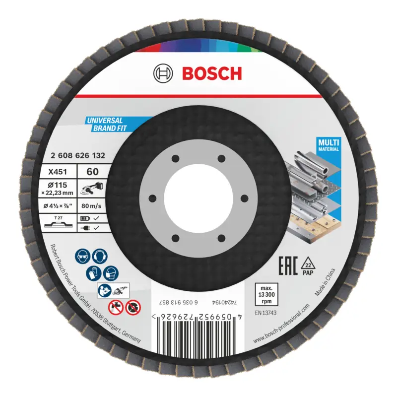 Neu Bosch Line X451 Fächerschleifscheibe, 115 x 22,23 mm, K60, Z27 - 15er Pack