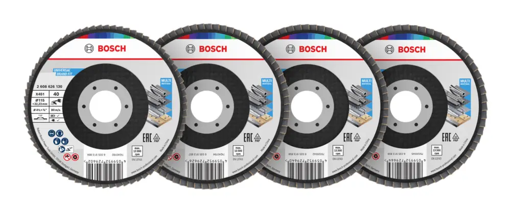 Versand Am Gleichen Tag Bosch Line X451 Fächerschleifscheiben-Set, 115 x 22,23 mm, K40/K60/K80/K120, Z27, 60-teilig