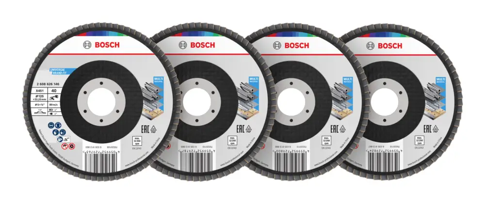 Bosch Line X451 Fächerschleifscheiben-Set, 125 x 22,23 mm, K40/K60/K80/K120, Z27, 15-teilig Neue Ware