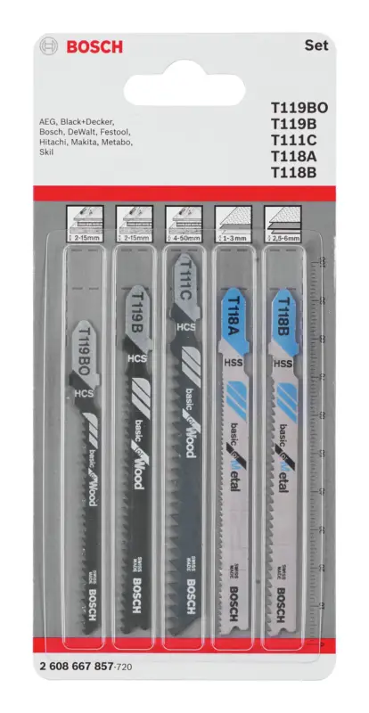 Bosch Zubehör Wood and Metal Basic Stichsägeblatt-Set Mit Einnockenschaft, 5-teilig (Verpackungseinheit 10 Stück) Highlight