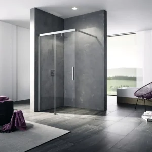 Sonderaktion Kermi Nica Walk-In Wall Gleittür mit Festfeld Klarglas hell mit Beschichtung KermiClean Anschlag links Silber Hochglanz Montage auf Duschwanne oder bodengleich 140 cm x 200 cm
