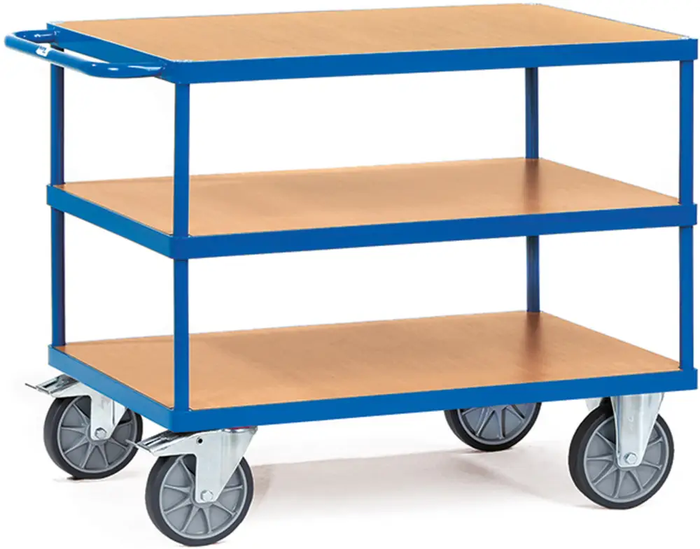 Fetra Tischwagen schwer mit drei Holzplattformen 850 x 500 mm Neue Kollektion