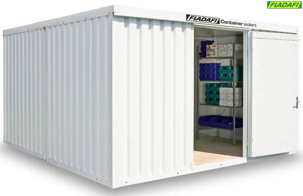 Preisreduziert FLADAFI Thermocontainer Kombination 4050 x 4340 x 2405 mm mit Holzboden - 2-flügelige Tür breit auf