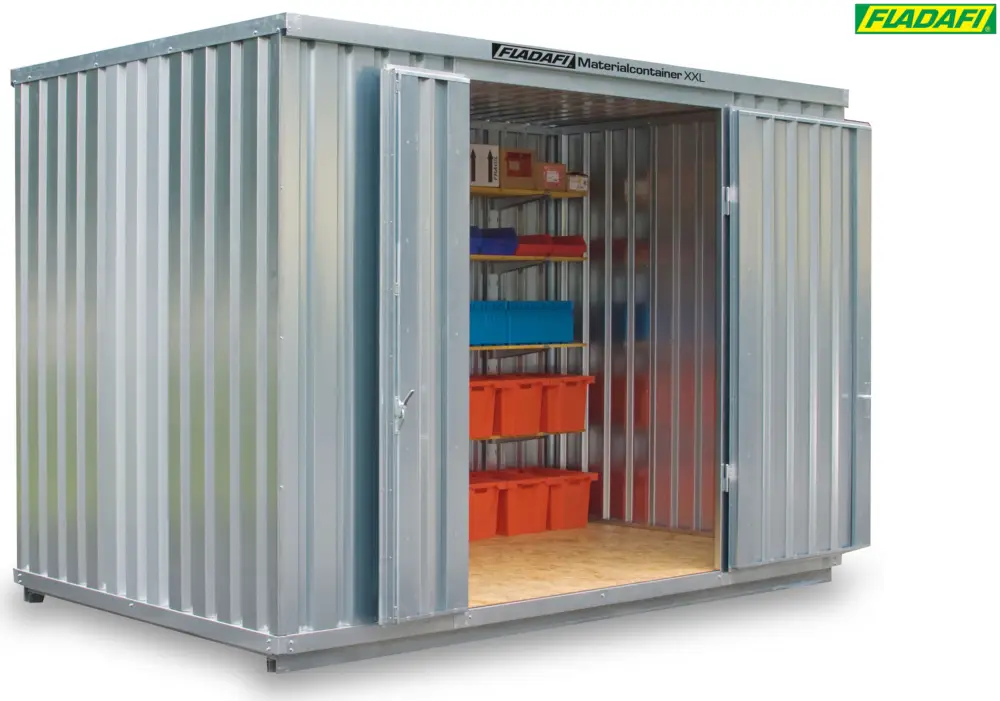 Neuheit FLADAFI Materialcontainer 4050 x 2540 x 2595 mm mit Holzboden - 2-flügelige Tür auf 4 m Seite