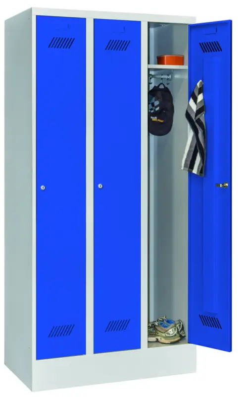 Wochenendangebot Pavoy Spind mit Sockel 1850 x 900 x 500 mm - 3 Abteile mit Zylinderschloss - RAL 7035 5010