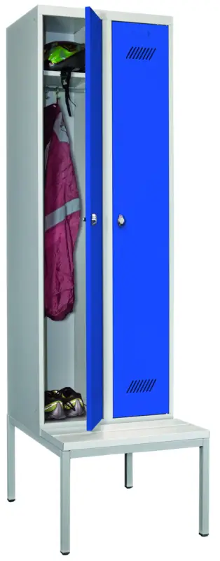 Billig Pavoy Spind mit Sitzbank PVC weiß 2150 x 600 x 500 mm - 2 Abteile mit Drehriegel - RAL 7035 5010