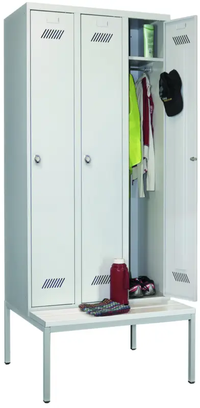 Bestseller Pavoy Spind mit Sitzbank PVC weiß 2150 x 900 x 500 mm - 3 Abteile mit Drehriegel - RAL 7035