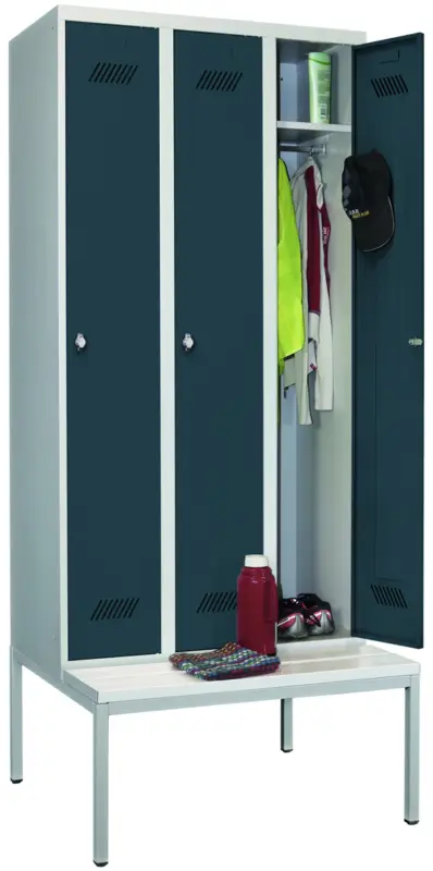 Bestseller Pavoy Spind mit Sitzbank PVC weiß 2150 x 900 x 500 mm - 3 Abteile mit Drehriegel - RAL 7035 7016