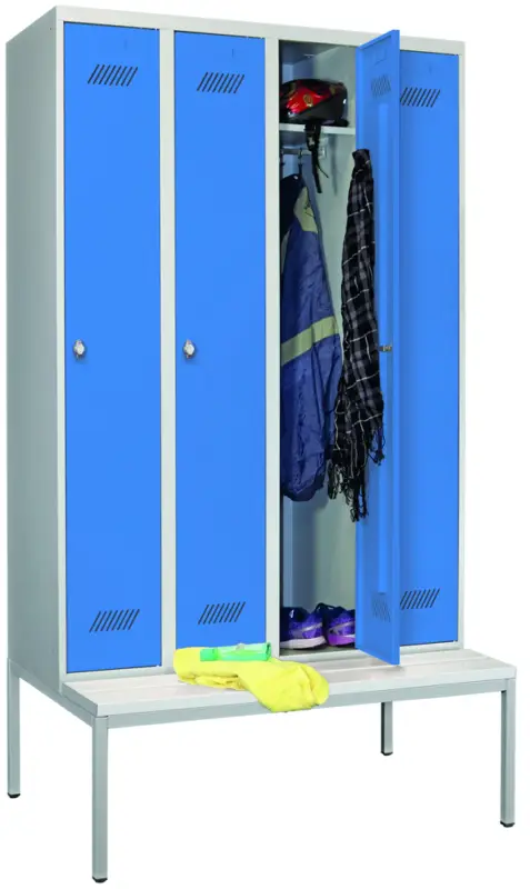 Pavoy Spind mit Sitzbank PVC weiß 2150 x 1200 x 500 mm - 4 Abteile mit Drehriegel - RAL 7035 5012 Sonderaktion