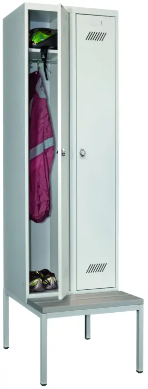 Pavoy Spind mit Sitzbank PVC hellgrau 2150 x 600 x 500 mm - 2 Abteile mit Drehriegel - RAL 7035 Knallerangebot