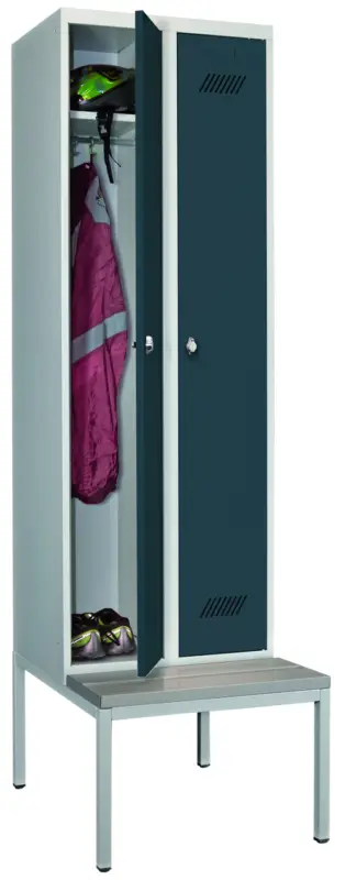 Pavoy Spind mit Sitzbank PVC hellgrau 2150 x 600 x 500 mm - 2 Abteile mit Drehriegel - RAL 7035 7016 Billig