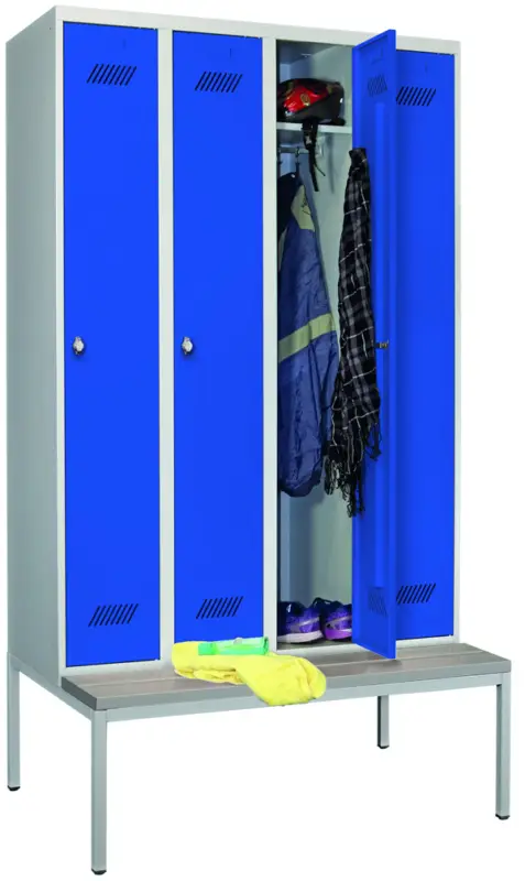 Pavoy Spind mit Sitzbank PVC hellgrau 2150 x 1200 x 500 mm - 4 Abteile mit Drehriegel - RAL 7035 5010 Top-Seller