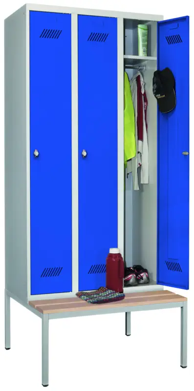 Pavoy Spind mit Sitzbank Holz Buche 2150 x 900 x 500 mm - 3 Abteile mit Drehriegel - RAL 7035 5010 Top-Angebot