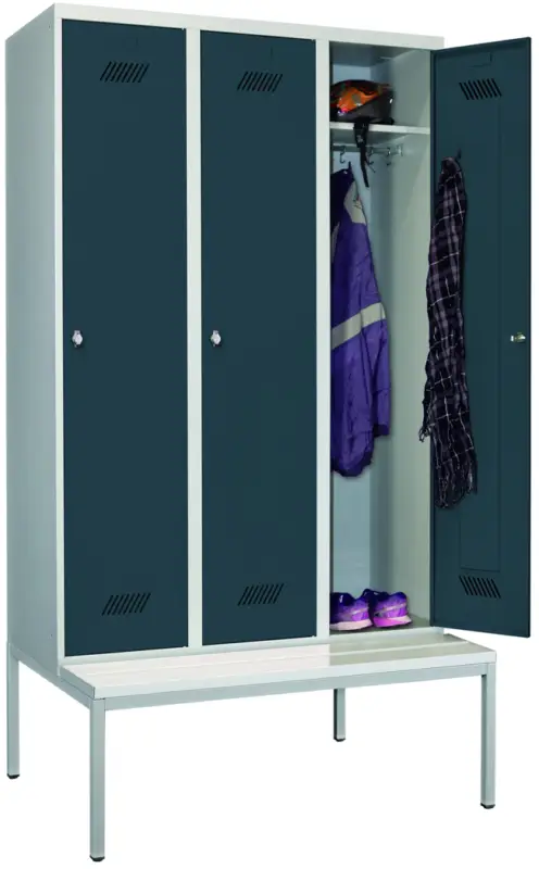 Pavoy Spind mit Sitzbank PVC weiß 2150 x 1200 x 500 mm - 3 Abteile mit Drehriegel - RAL 7035 7016 Schneller Versand
