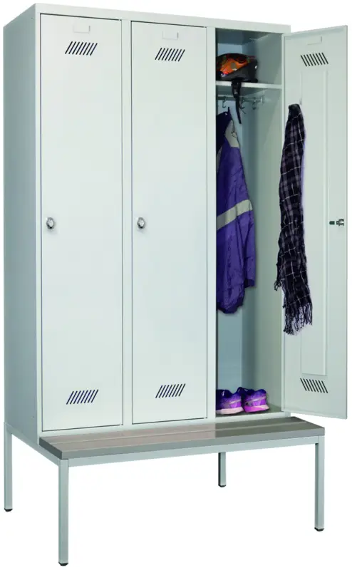 Pavoy Spind mit Sitzbank PVC hellgrau 2150 x 1200 x 500 mm - 3 Abteile mit Drehriegel - RAL 7035 Schneller Versand