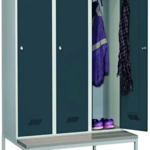 Echt Pavoy Spind mit Sitzbank PVC hellgrau 2150 x 1200 x 500 mm - 3 Abteile mit Drehriegel - RAL 7035 7016