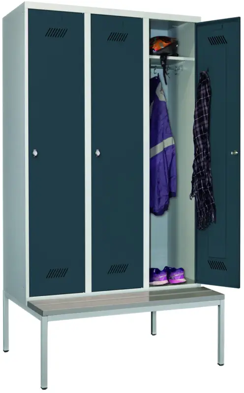 Echt Pavoy Spind mit Sitzbank PVC hellgrau 2150 x 1200 x 500 mm - 3 Abteile mit Drehriegel - RAL 7035 7016