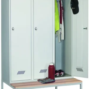Neu Pavoy Spind mit Sitzbank Holz Buche 2150 x 1200 x 500 mm - 3 Abteile mit Drehriegel - RAL 7035