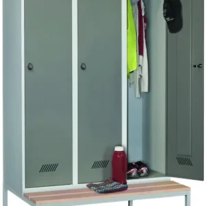 Preisreduziert Pavoy Spind mit Sitzbank Holz Buche 2150 x 1200 x 500 mm - 3 Abteile mit Drehriegel - RAL 7035 7016
