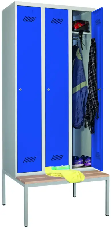 Pavoy Spind mit Sitzbank Holz Buche 2150 x 900 x 500 mm - 3 Abteile mit Zylinderschloss - RAL 7035 5010 Solange Der Vorrat Reicht