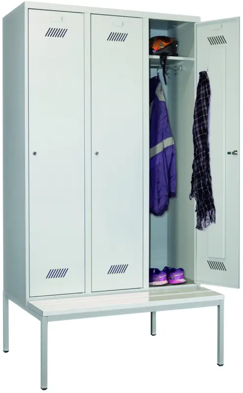 Pavoy Spind mit Sitzbank PVC weiß 2150 x 1200 x 500 mm - 3 Abteile mit Zylinderschloss - RAL 7035 Geprüft
