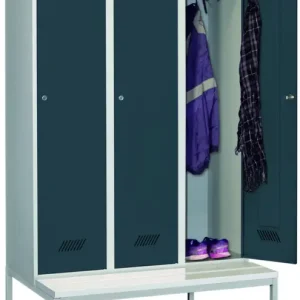 Markenprodukt Pavoy Spind mit Sitzbank PVC weiß 2150 x 1200 x 500 mm - 3 Abteile mit Zylinderschloss - RAL 7035 7016