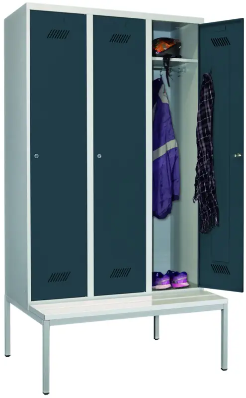 Markenprodukt Pavoy Spind mit Sitzbank PVC weiß 2150 x 1200 x 500 mm - 3 Abteile mit Zylinderschloss - RAL 7035 7016