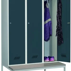 Angebot Pavoy Spind mit Sitzbank PVC hellgrau 2150 x 1200 x 500 mm - 3 Abteile mit Zylinderschloss - RAL 7035 7016